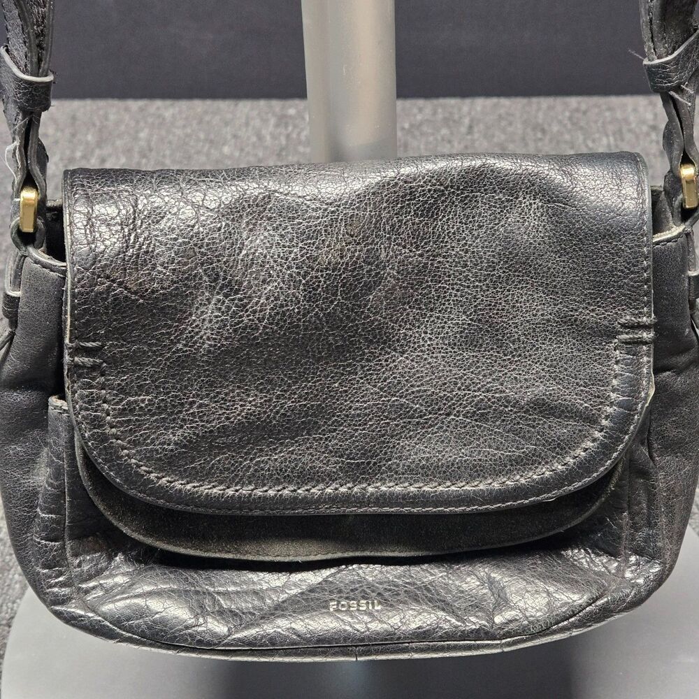 Fossil Peyton Crossbody Bag Black Leather Double Flap Handbag Cowhide Purse